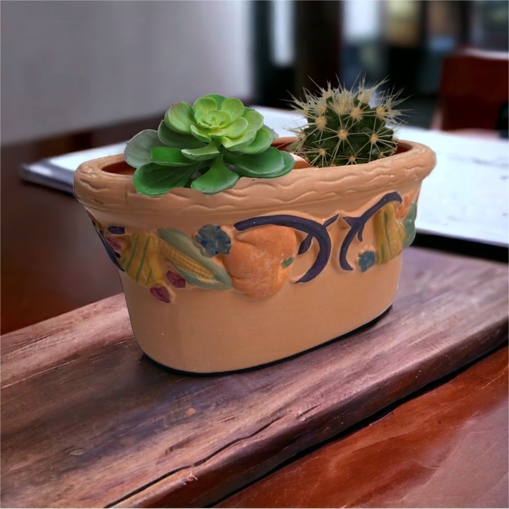 Vintage Claire Burke Oval Semi Glazed Painted Terracotta Planter